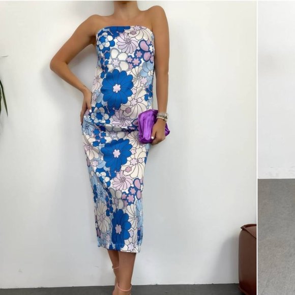 Zara Dresses & Skirts - Zara Retro Floral Satin Effect Strapless Midi Dress NWOT Blue White Purple Sz L